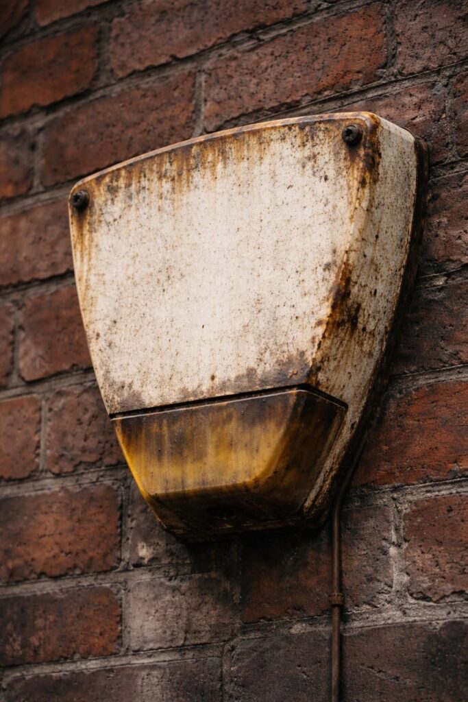 A poor quality old external alarm bell-box. Evermore Electrical can upgrade this alarm box for you.