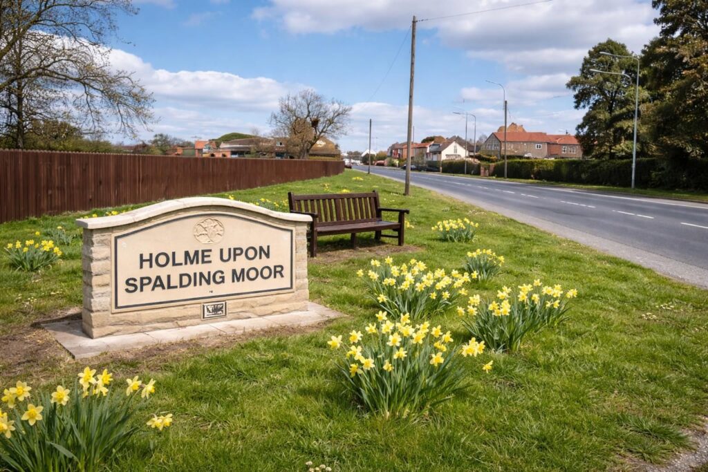 Shown is a village sign on the way into Holme upon Spalding Moor, a place affected by the dissolution of Securacom alarms.